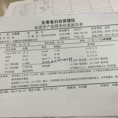 今天唐筛结果出来了!21三体风险为1:890报告单